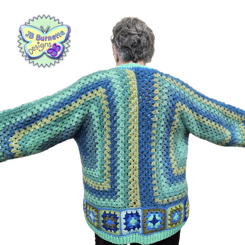 Handmade Oversize Crochet Cardigan Green Blue Warm Sweater, BOHO Granny Squares